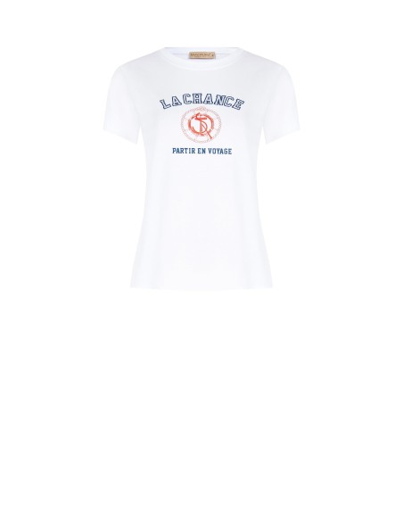 Regular T-shirt van katoenmix met navykleurige print en strass-steentjes van Rinascimento