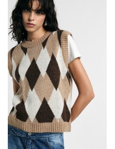 Mouwloze trui met ronde hals en ruitpatroon Please