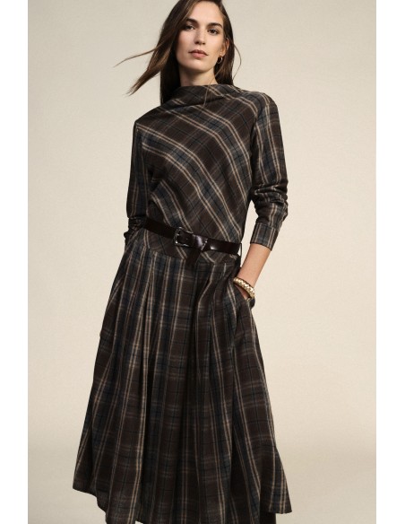 Geruite midi-jurk met ceintuur en lange mouwen Dixie