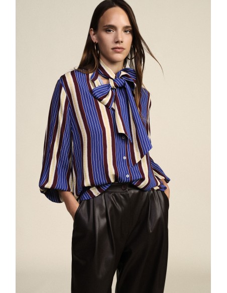 Gestreepte blouse met strik, gerimpelde kraag en manchetten Dixie