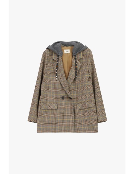 Dixie blazer met dubbele rij knopen, capuchon en ruitpatroon