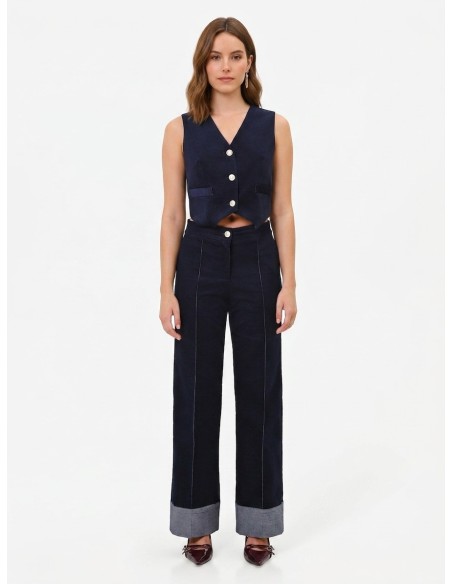 Wijde veloursbroek met maxi-denimomslagen van Rinascimento