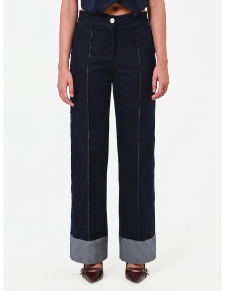 Wijde veloursbroek met maxi-denimomslagen van Rinascimento