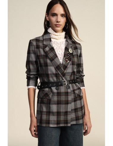 Dixie blazer met dubbele rij knopen, ruitpatroon, riem en spelden