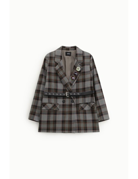 Dixie blazer met dubbele rij knopen, ruitpatroon, riem en spelden