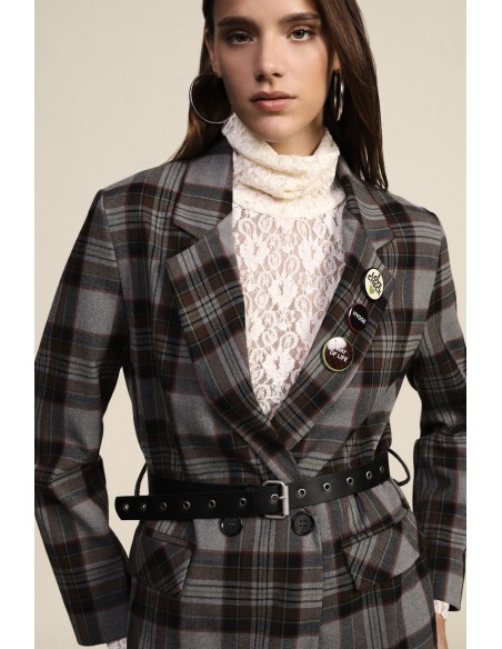 Dixie blazer met dubbele rij knopen, ruitpatroon, riem en spelden
