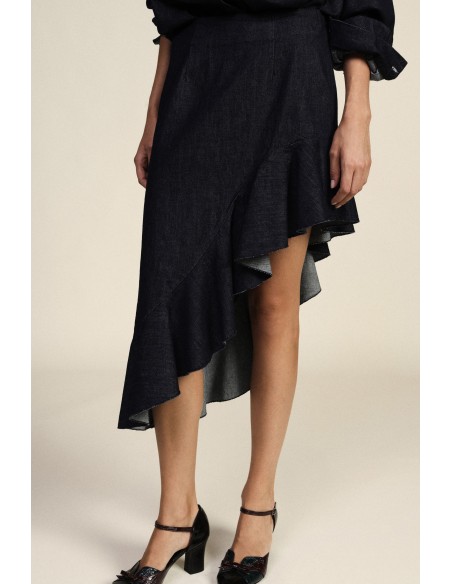 Asymmetrische midi-rok met volant aan de zijkant Dixie