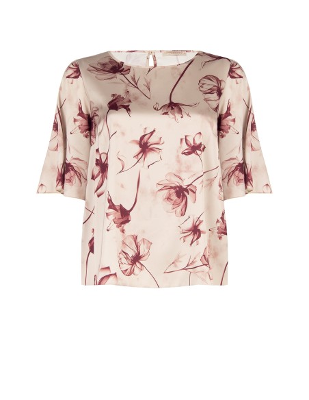 Curvy-blouse van satijn met grote vervaagde bloemen en korte mouwtjes – Rinascimento Curvy