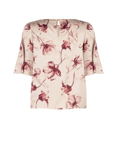 Curvy-blouse van satijn met grote vervaagde bloemen en korte mouwtjes – Rinascimento Curvy