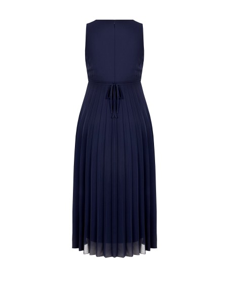 Lange curvy-jurk van geplisseerde georgette met kristallen in de taille en een overslaghals, Rinascimento Curvy