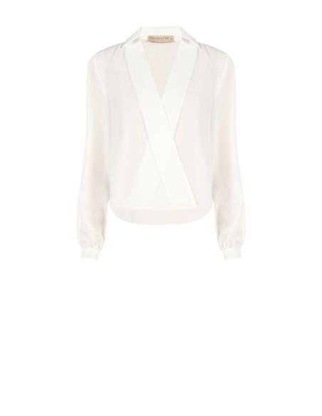 Vloeiende satijnen blouse met V-hals en kraag van Rinascimento