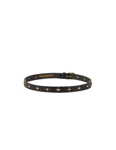 Smalle riem van glad echt leer met kleine goud- en zilverkleurige studs Rinascimento