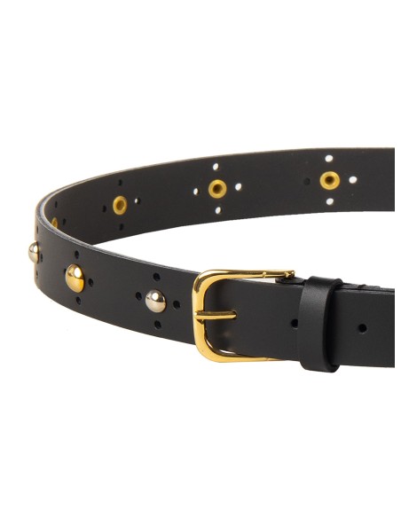 Smalle riem van glad echt leer met kleine goud- en zilverkleurige studs Rinascimento