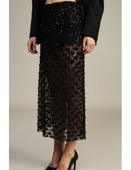Geborduurde midi-rok met transparante details en hoge taille Dixie