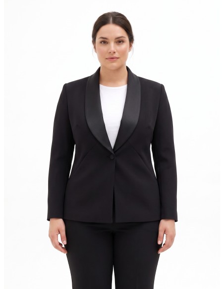 Curvy getailleerde blazer van scuba-crêpe met satijnen sjaalkraag, Rinascimento Curvy