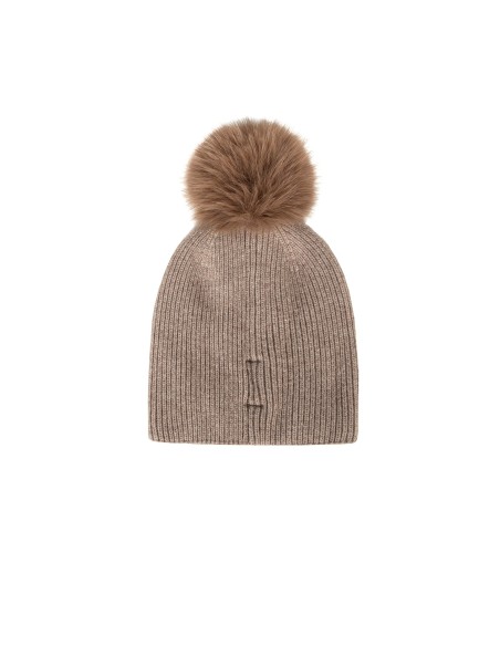 Muts van een viscose-wolmix met cabochon-kristallen en een pompon van imitatiebont van Rinascimento