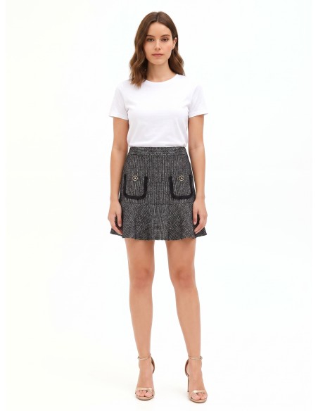 Tweed minirok met volantzoom en gerafelde zakken Rinascimento