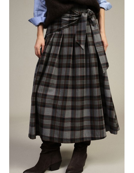Lange rok met hoge taille, Schots motief en geknoopte riem Dixie