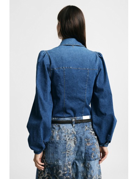 Denimblouse met wijde mouwen en knopen aan de voorkant Alstublieft