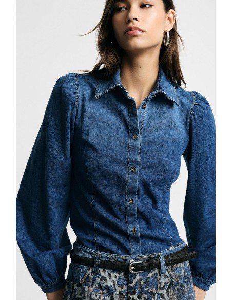 Denimblouse met wijde mouwen en knopen aan de voorkant Alstublieft