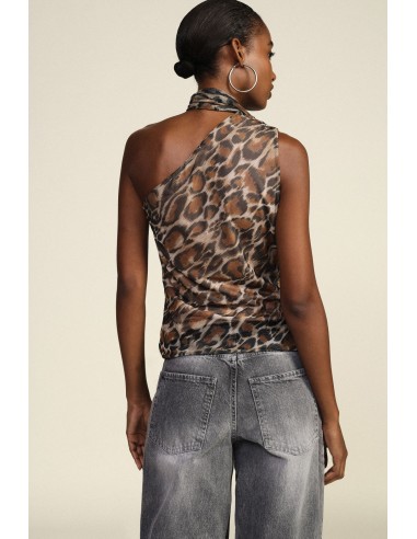 Dixie asymmetrische top met dierenprint en strik