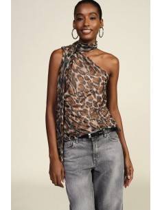 Dixie asymmetrische top met dierenprint en strik
