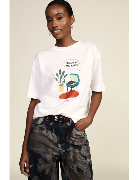 Oversized T-shirt met ronde hals en platenspelerprint Dixie