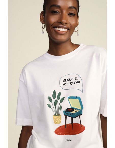 Oversized T-shirt met ronde hals en platenspelerprint Dixie
