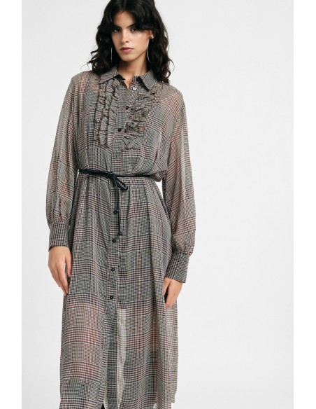 Midi-jurk met ruitprint, riem en ruches, alstublieft