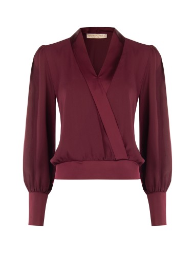 Ballonblouse van georgette met reverskraag en maxi-manchetten van satijn, Rinascimento