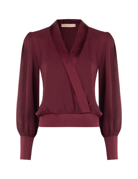 Ballonblouse van georgette met reverskraag en maxi-manchetten van satijn, Rinascimento