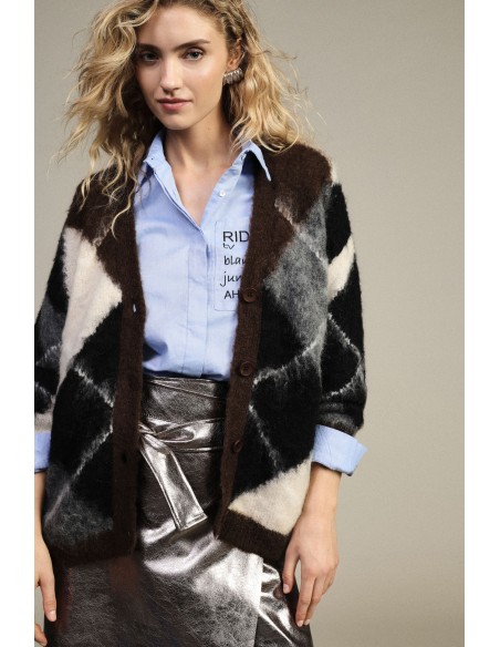 Dixie vest met ruitpatroon, lange mouwen en knopen