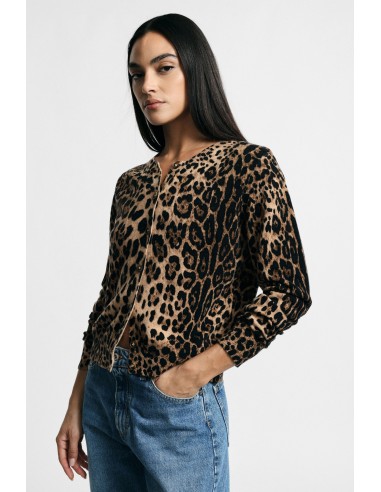 Damesvest met dierenprint en knopen aan de voorkant.