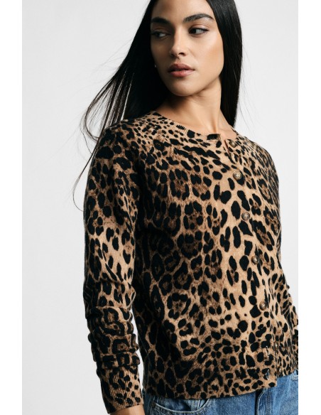 Damesvest met dierenprint en knopen aan de voorkant.