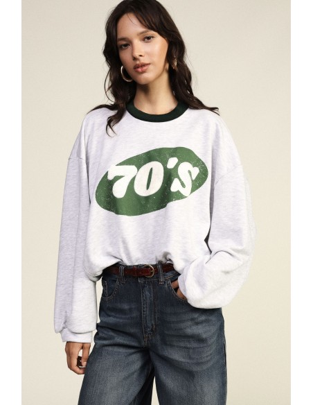 Dixie ronde-hals sweatshirt met 70's-print en asymmetrische onderkant