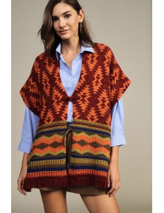 Dixie Geometrische Fantasieponcho met franjes