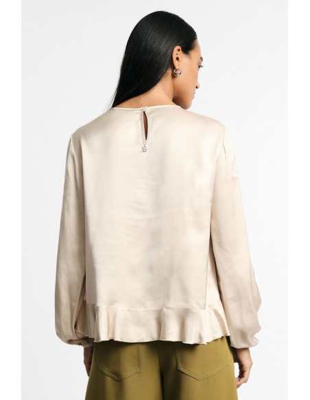 Ronde hals blouse met ruches en lange mouwen, alstublieft