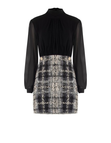 Korte tweed bouclé-jurk met lurex in tweed-look, 2-delig effect, met een top van georgette en een rok van tweed bouclé met lurex