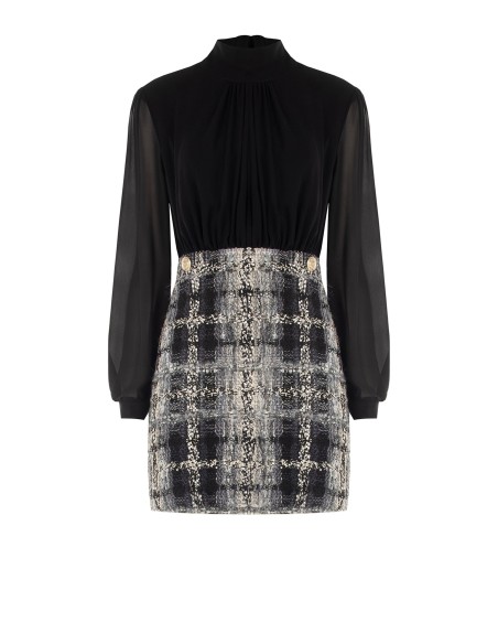 Korte tweed bouclé-jurk met lurex in tweed-look, 2-delig effect, met een top van georgette en een rok van tweed bouclé met lurex