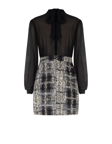 Korte tweed bouclé-jurk met lurex in tweed-look, 2-delig effect, met een top van georgette en een rok van tweed bouclé met lurex