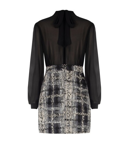 Korte tweed bouclé-jurk met lurex in tweed-look, 2-delig effect, met een top van georgette en een rok van tweed bouclé met lurex