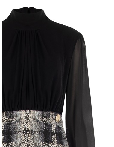 Korte tweed bouclé-jurk met lurex in tweed-look, 2-delig effect, met een top van georgette en een rok van tweed bouclé met lurex