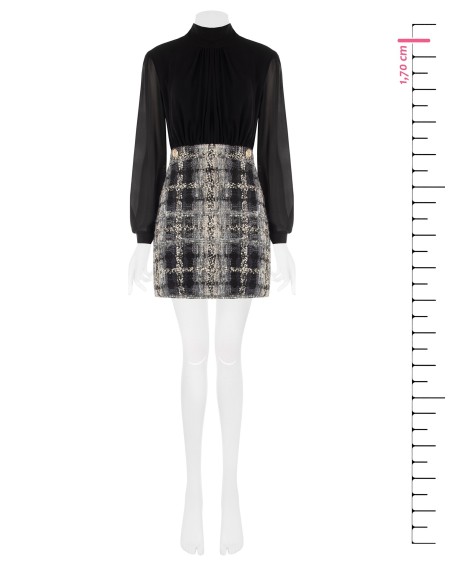 Korte tweed bouclé-jurk met lurex in tweed-look, 2-delig effect, met een top van georgette en een rok van tweed bouclé met lurex