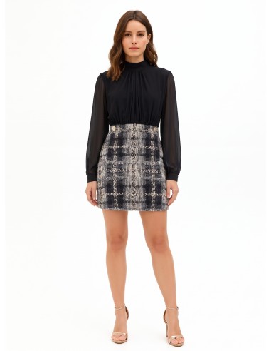 Korte tweed bouclé-jurk met lurex in tweed-look, 2-delig effect, met een top van georgette en een rok van tweed bouclé met lurex