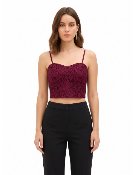 Borstbedekkende crop-top bustier van technische stof, bedekt met kant van Rinascimento