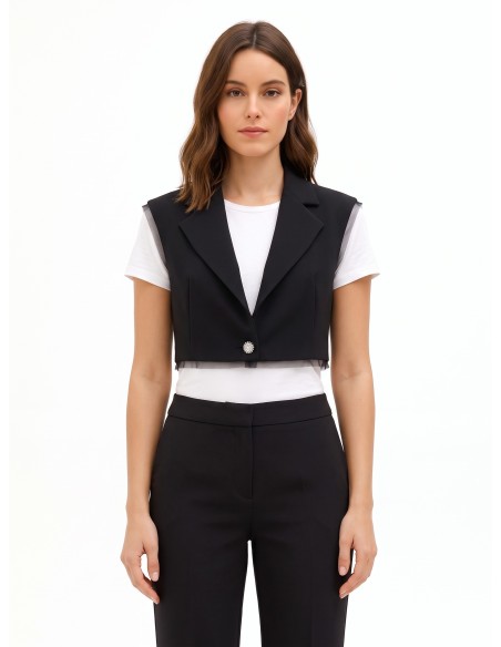 Oversized cropped gilet van scuba-crêpe met tule randen