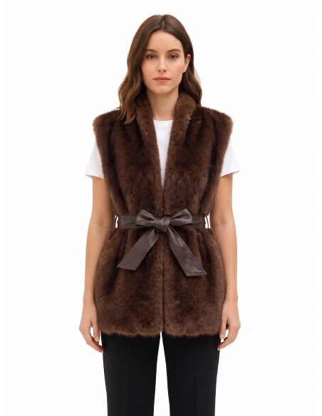 Lange open gilet van imitatiebont met bijpassende riem van kunstleer van Rinascimento