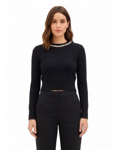 Cropped trui van viscosemix met cabochonkristallen langs de ronde hals Rinascimento