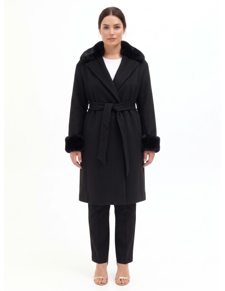 Lange curvy jas van stof met afneembare manchetten en kraag van synthetische bont van Rinascimento Curvy