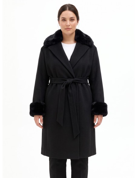 Lange curvy jas van stof met afneembare manchetten en kraag van synthetische bont van Rinascimento Curvy